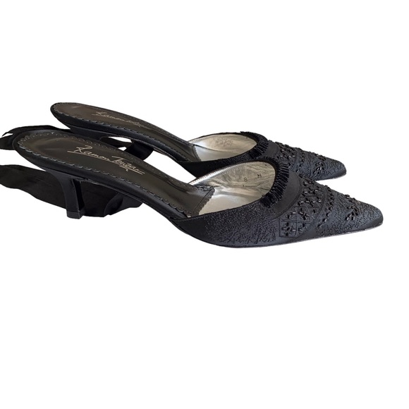 RAMON TENZA BLACK SATIN POINTY TOE KITTEN HEEL SHOE WITH ANKLE RIBBON - Picture 5 of 15